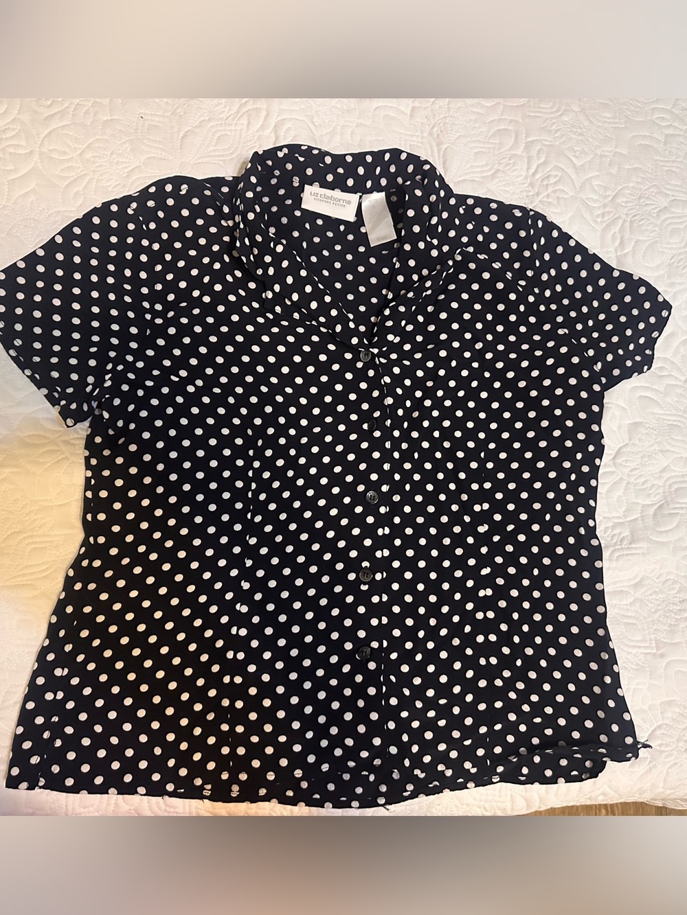 Liz Claiborne Navy and White Polka Dot Short Sleeve Button-Down